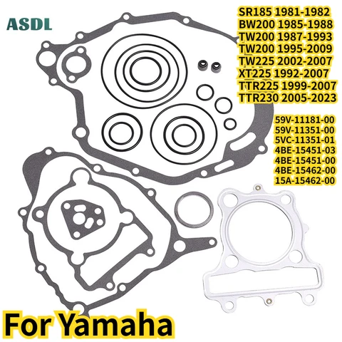 Комплект прокладок для капитального ремонта двигателя мотоцикла Yamaha SR185 BW200 TW200 1995-2009, TW225 XT225 1992-2007, TTR225 TTR230 2005-2023