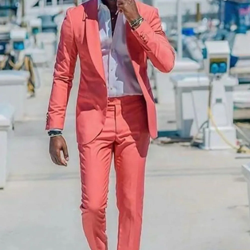 2023 Summer Coral Men Suits Summer Shawl Lapel Prom Suits Big and Tall Wedding Suits for Best Men 2 Piece Coat Pant