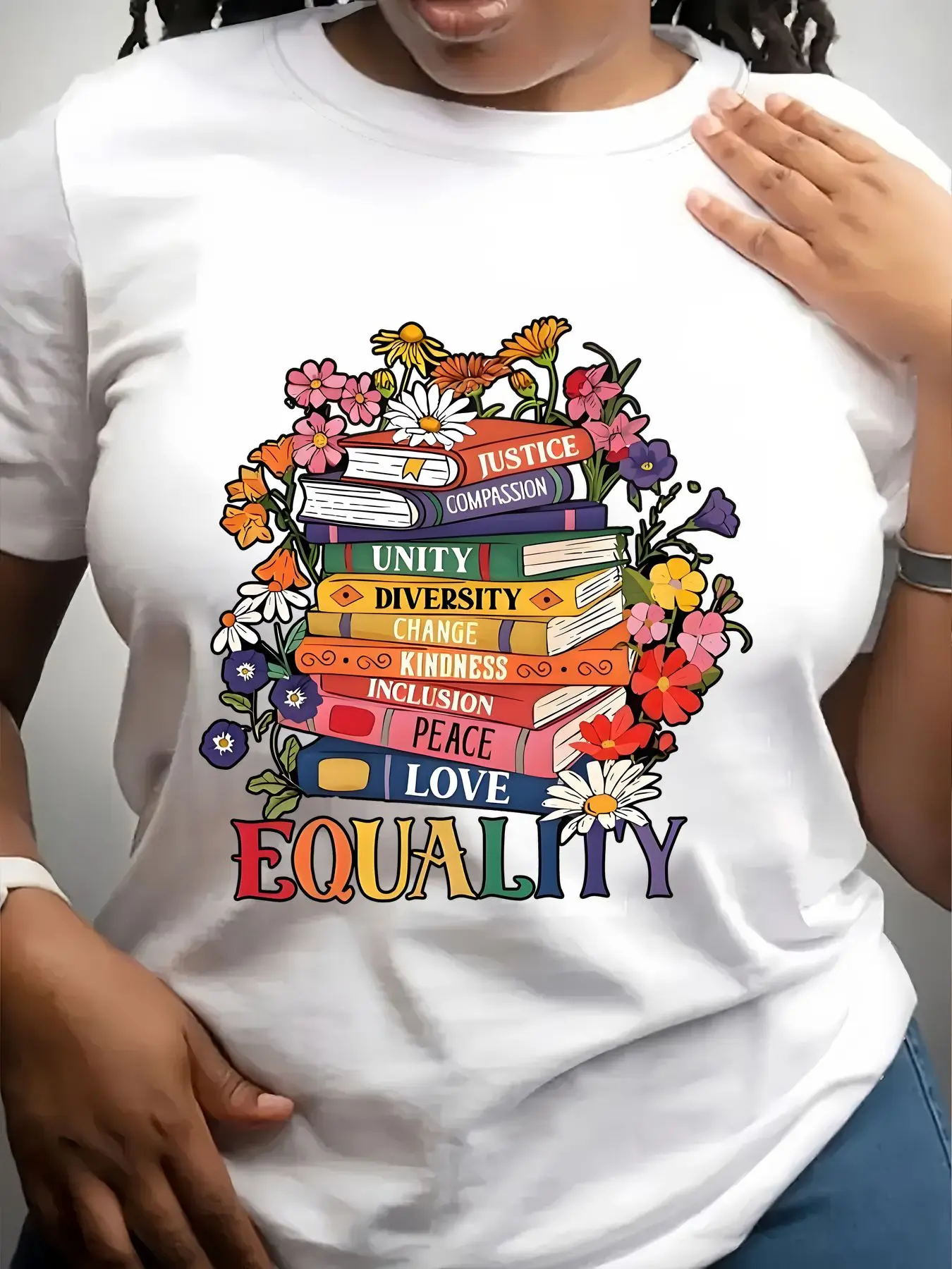 Women's Trendy Crew Neck T-Shirt Stacked Books with Flowers Equality Suitable for Casual Sportswear