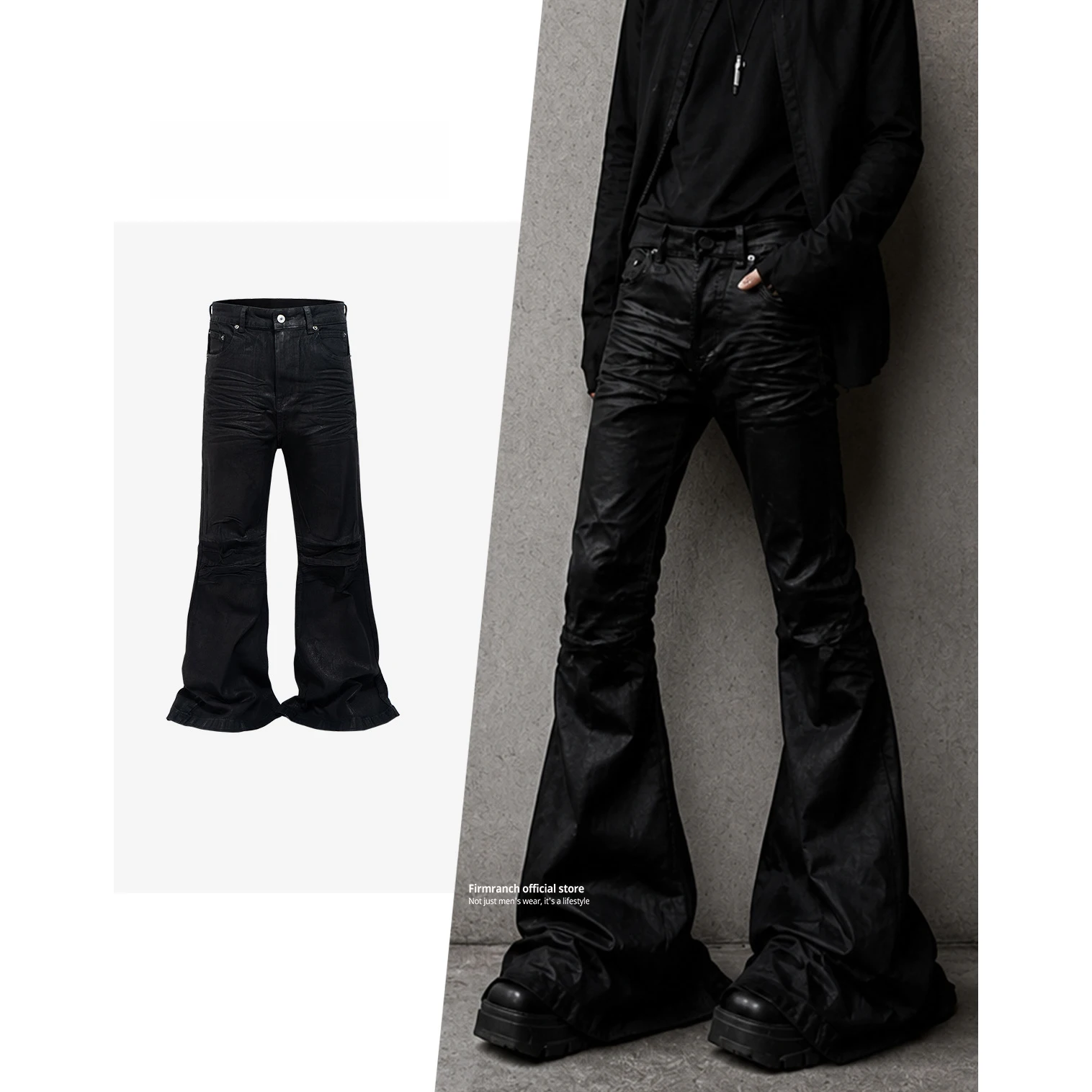 

Firmranch New Unisex Black Coated Bootcut Jeans, Crease Textured Wide Flare Denim Trousers for Men & Women High Street Wear