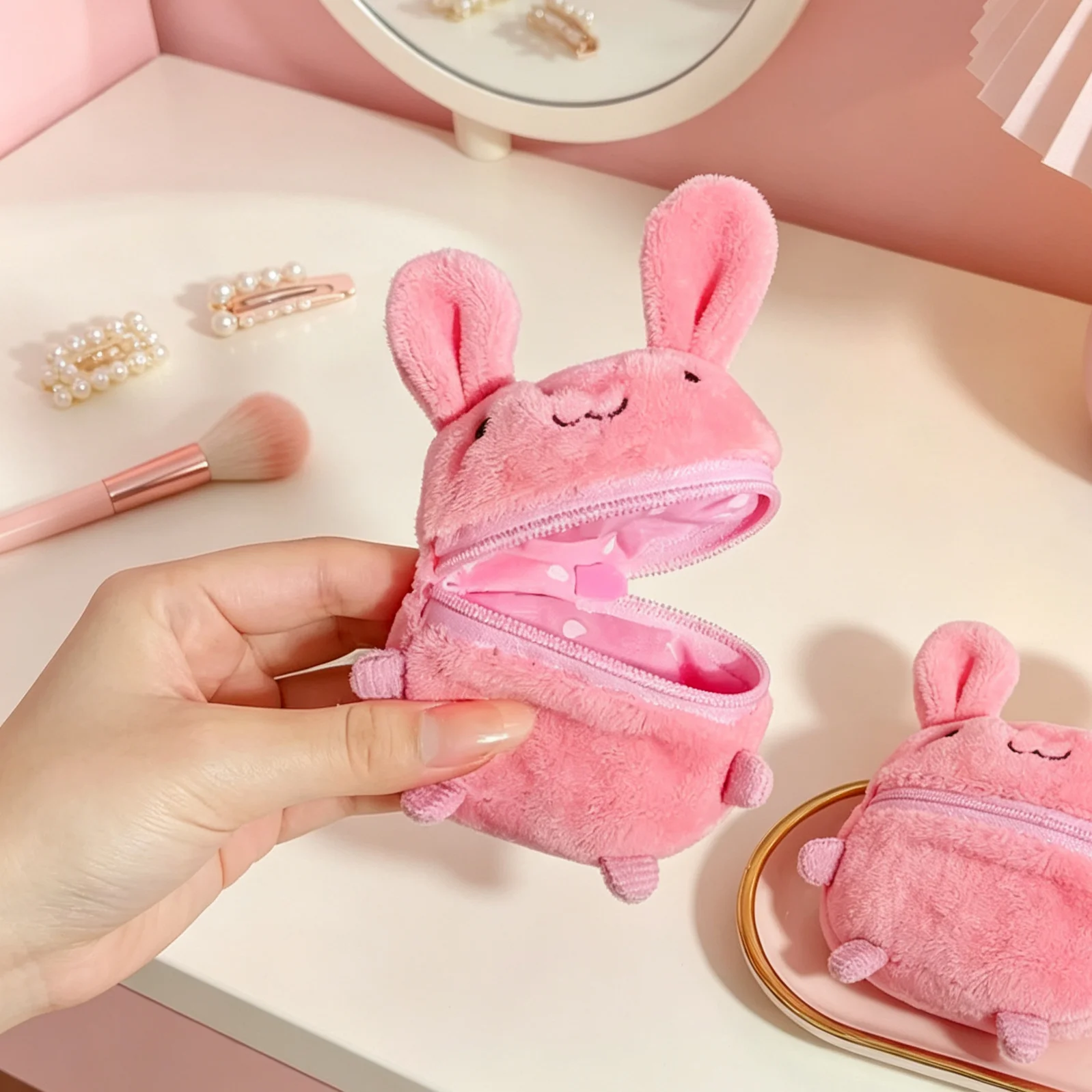 Mini Pink Fluffy Rabbit Coin Purse Keychain Bag Charm Cute Cartoon Headphone Case Storage Bag Gift Creative Festival Supplies