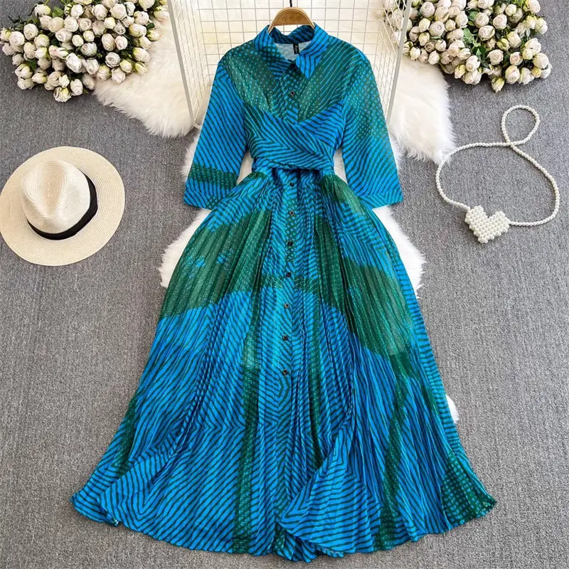 

Vintage Lapel Waistband A-Line Printed Pleated Shirt Dress Ladies 2023 Autumn Dress Party Evening Elegant Luxury Celebrity Z2429