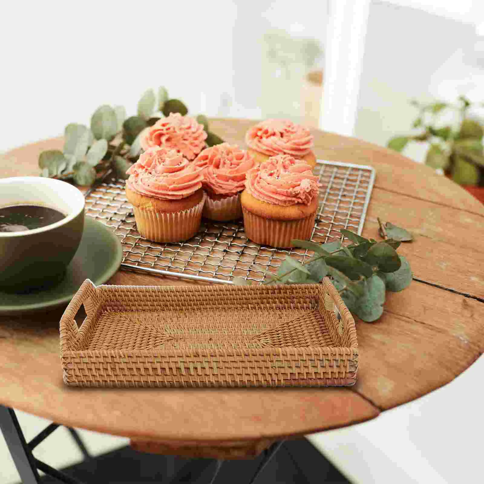 Rattan Tray Wicker Serving Basket Fruit Decor Willow Round Platter Snack Coffee Shop Dessert Drinks