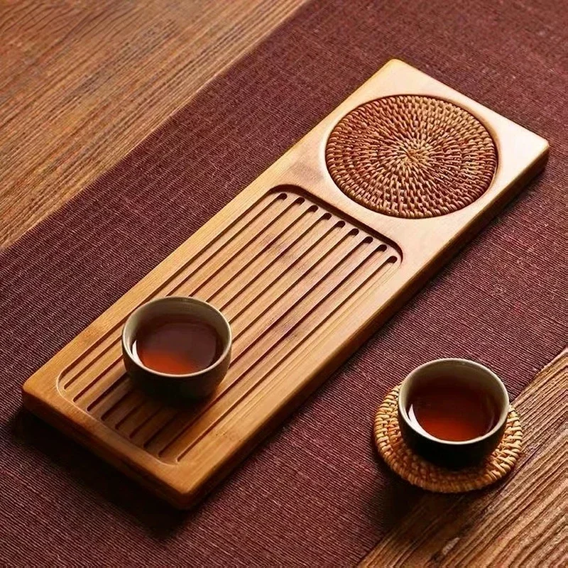 Dry Brew Bamboo Tea Tray with Rattan Mat Rectangle Portable Tea Serving Plate Household & Hotel Tea Accessory for Kung Fu
