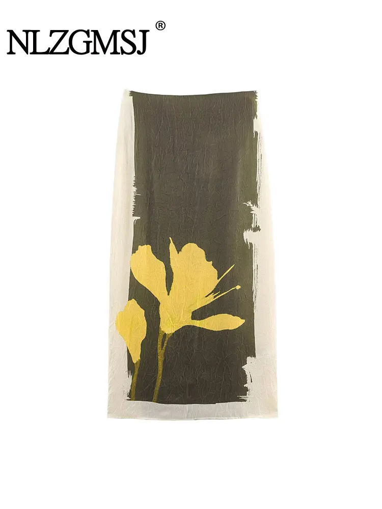 

NLZGMSJ Vintage Casual Women Skirt Flower Print Zipper Long Straight Skirt New Fashion Spring Autumn Holiday Long Skirt ﻿