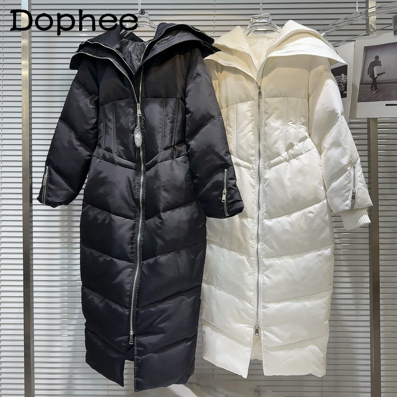 

2024 Winter New Threaded Lapel Design Fishing Bone Waist Long Down Jacket Women's Slim Solid Color Zipper Long Sleeve Jacket