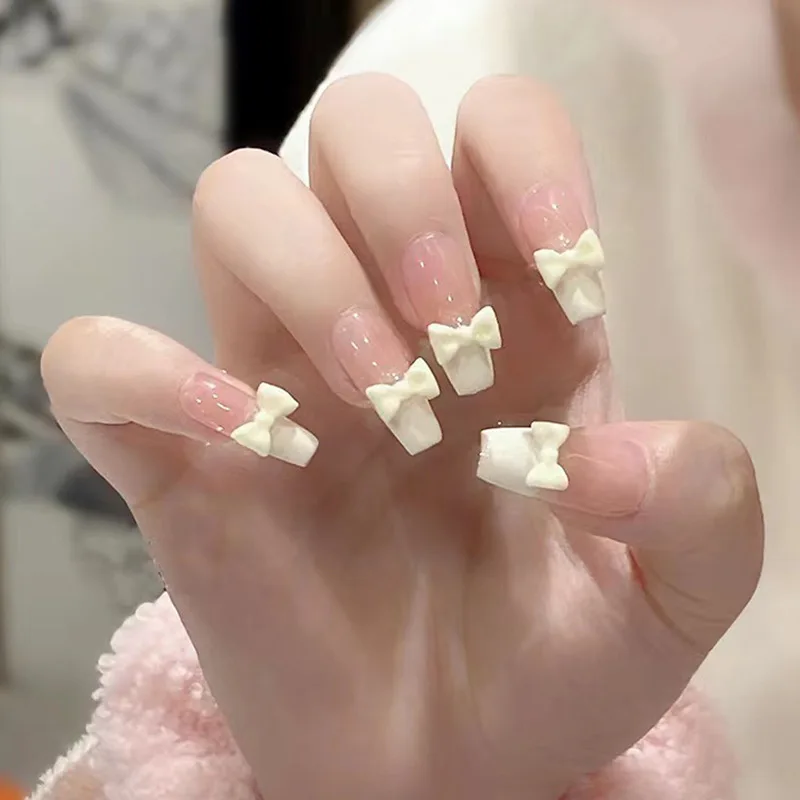 Dicas longo Ballet unhas com arco 3D, destacável, unhas falsas acabadas, Wearable, pressione sobre, design francês, 24pcs