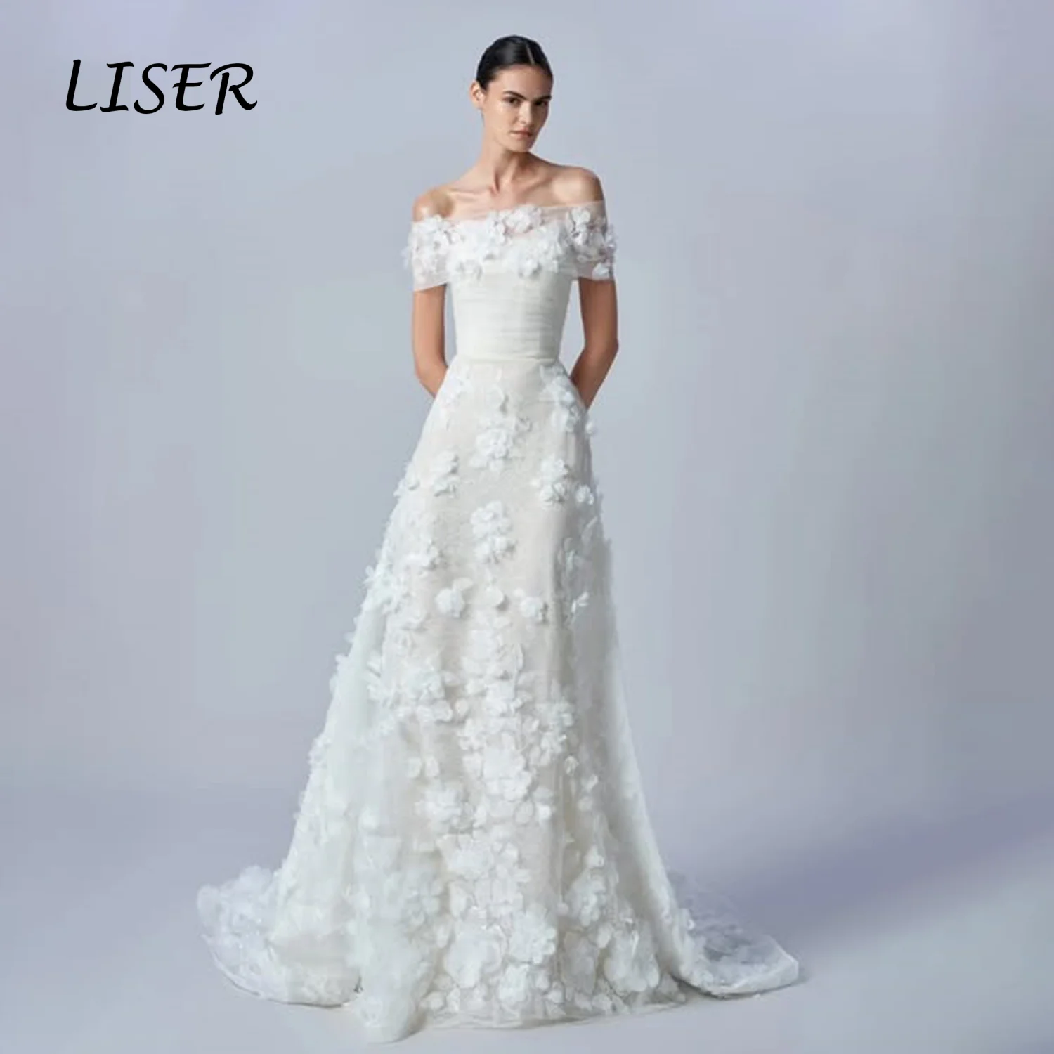 Liser Customize Ivory Off Shoulder 3D Floral Tulle A Line Wedding Dress Flowly Skirt Minimalist Outdoor Elopement Robe De Mariée