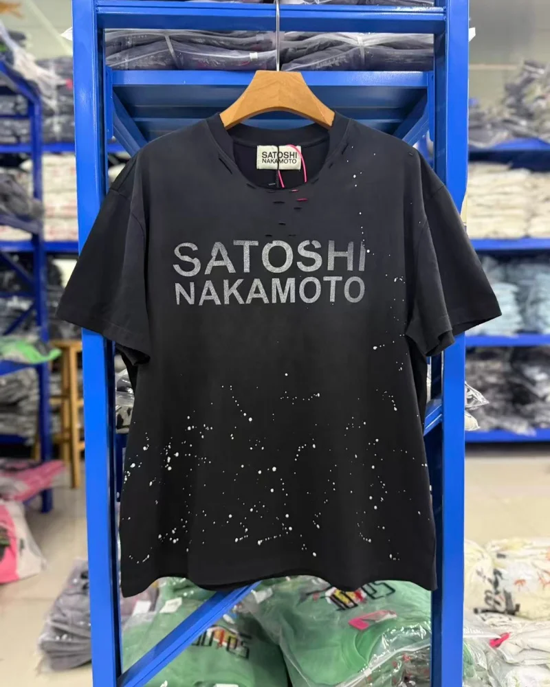 Satoshi Nakamoto Street Style Black 100% Cotton Round-Neck Washed Distressed Splatter-Print Short-Sleeve T-Shirt — купить у AliExpress WW