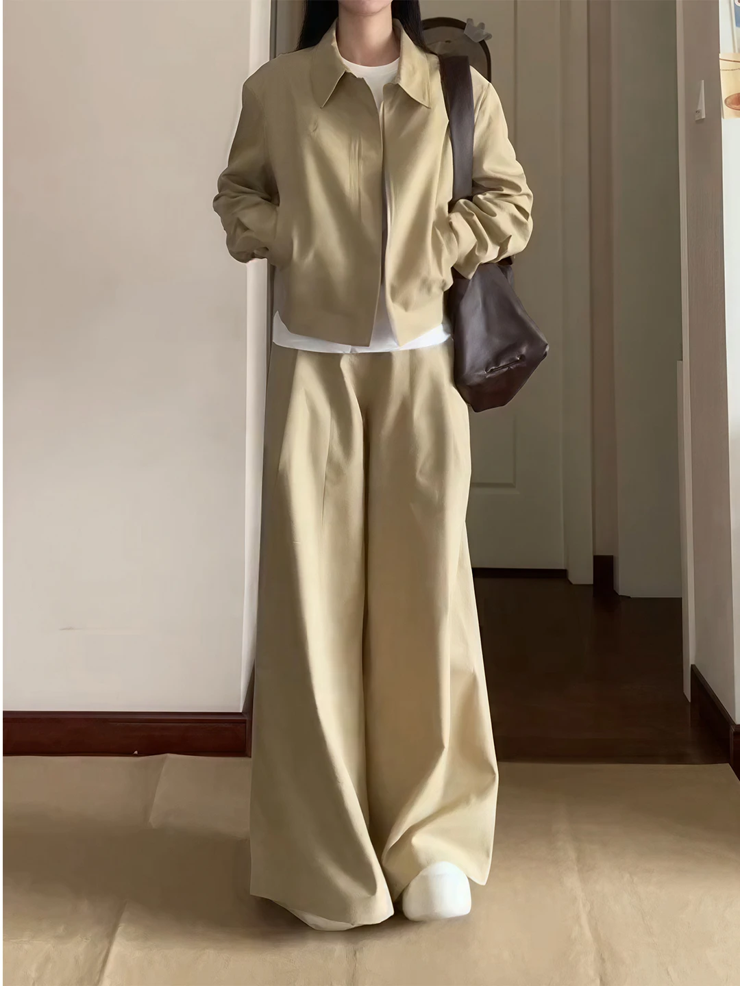 American Retro Workwear Casual Sports Set Women's Autumn Slim Fit Jacket Short Outerwear Wide Leg Pants Two Piece Set