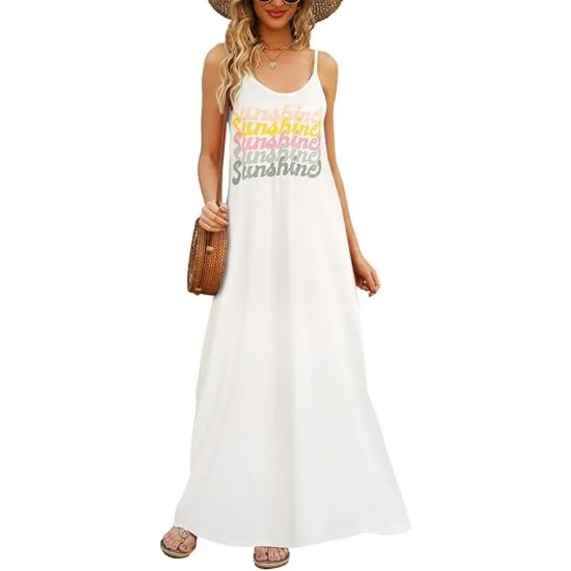 

Women's Summer Maxi Dress Casual V-Neck Sleeveless Bohemian Spaghetti Straps Floral Long Skirt Pockets