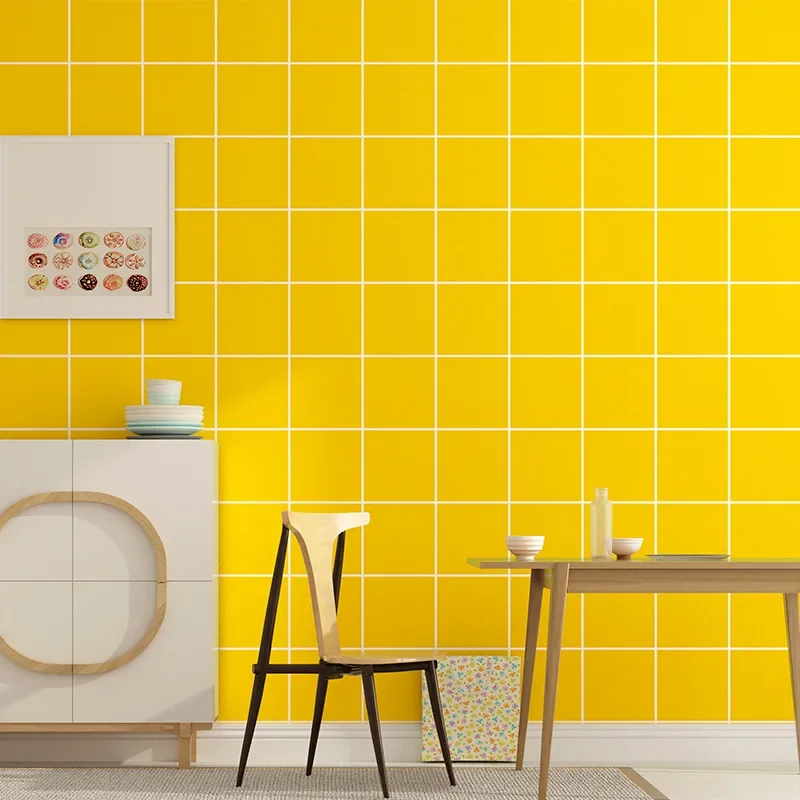 Yellow Plaid Wallpaper Northern European Ins Modern Minimalist Style Box Bedroom Background of Television in the Drawing Room