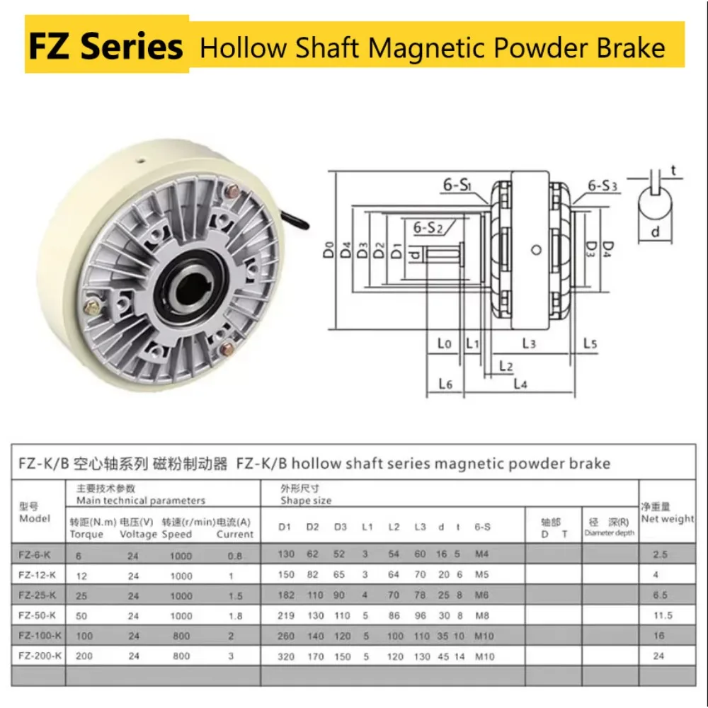 Magnetic Powder Brake Tension Controller Kit Single/Hollow Shaft DC24V 6/12/50-400Nm 0.6-40kg Unwinding 1400rpm Printing Machine