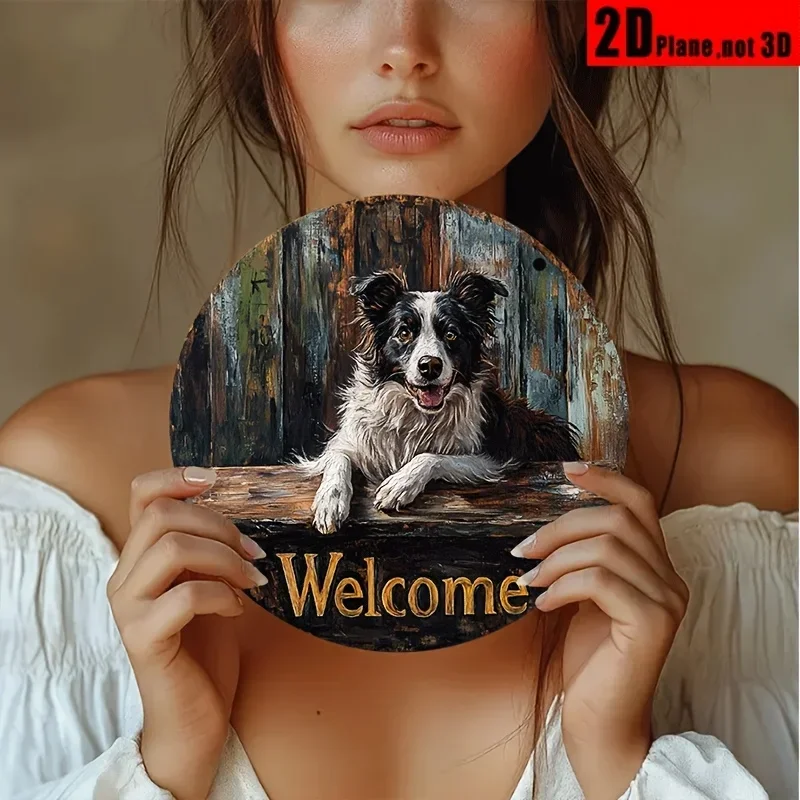 Round Welcome Hanging Plaque, 2D Flat Border Collie Rustic Wood‑Style Wall Sign, Farmhouse Front Door Porch Decor, Dog Lover Housewarming Gift