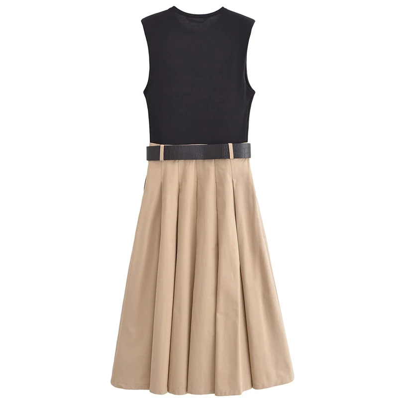 Vestido holgado plisado de retales de color caqui para mujer, vestido largo sin mangas con cuello redondo, vestido informal elegante para uso diario en la oficina para verano 2025