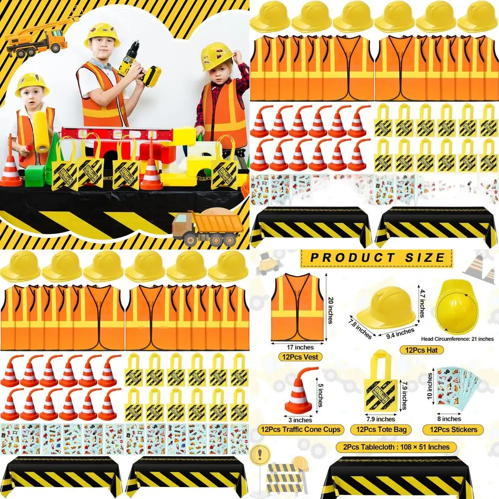 Set de Artículos para Fiesta de Cumpleaños con Temática de Construcción para Niños: 62 Piezas que Incluyen Chaleco, Sombrero, Bolsa de Mano, Mantel, Conos de Tráfico y Vasos
