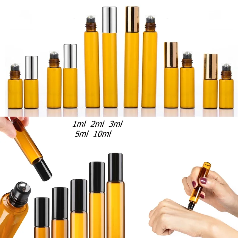 5Pcs Essential Oil Roller Bottles 1/2/3/5/10ml Amber Glass Roller Balls Vials Roll on Bottles Container For Aromatherapy Perfume