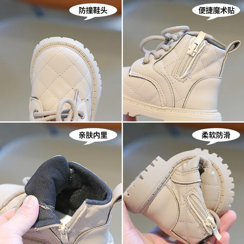 Kids Fashion Lattice Leather Boots New Spring Autumn Boys Soft Rubber Outsole Non-slip Breathable Ankle Boots Baby Girls Shoes