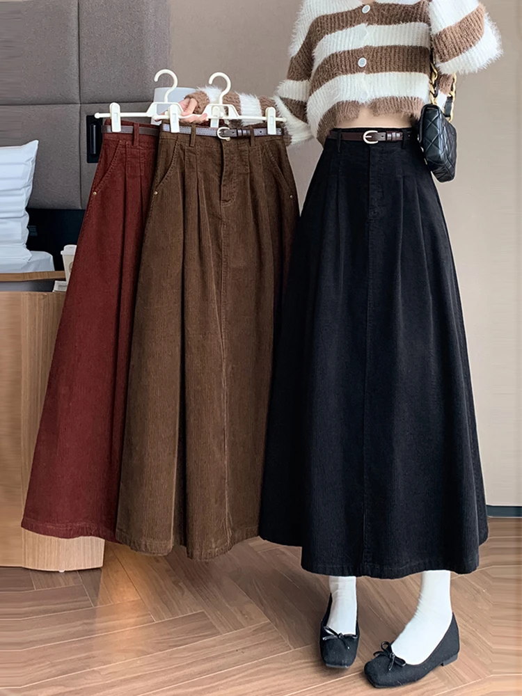 Elegant Winter Corduroy Maxi Long Skirt Women Fashion Korean Big Swing Umbrella A-line Skirts Loose Elastic Waist Falda Plisada