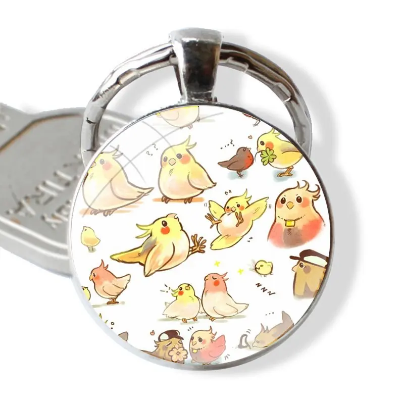 Keychain Handmade Glass Cabochon Key Ring Holder Pendant Key Chains Cartoon Cockatiel Collage