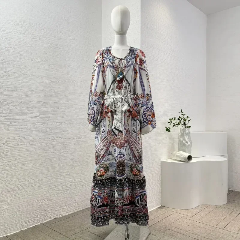 Multicolor Floral Print Long Sleeve Diamonds Midi Dress Long Vintage Elegant Dresses Summer Women Clothing 2024