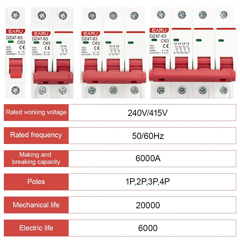 1P AC MCB DZ47-63 C Type 230/400V~ 50HZ/60HZ Mini Circuit Breaker 3A 6A 10A 16A 20A 25A 32A 40A 50A 63A Mounting 35mm Din Rail