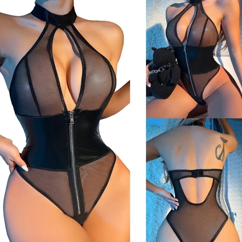 

Women Pieced Lingerie Sexy Halter Bodysuit Sheer Mesh Teddies Chemise Nightie Deep Neck Teddies Babydoll Nightgown