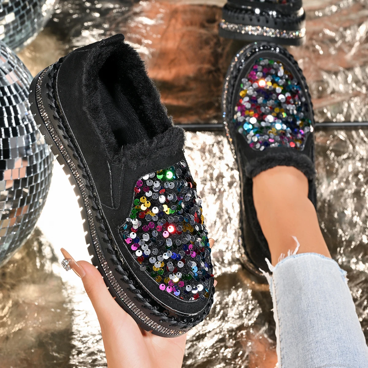 

Women Snow Boots 2025 New Rhinestone Shiny Loafers Shallow Platform Women Shoes Contrast Sequin Slip on Flats Sneakers Women