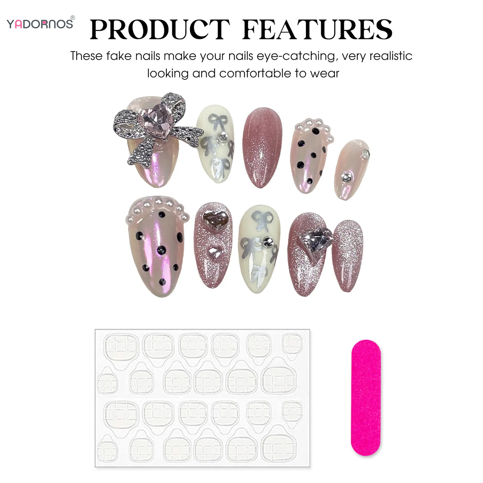 10 stücke rosa handgemachte Presse auf Nägeln Mandel Aurora falsche Nagel Patch Liebe Bowknot Strass Design koreanischen Stil tragbare Maniküre