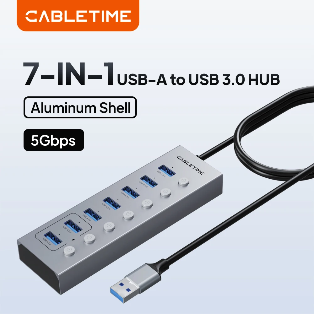 CABLETIME 7 Port USB 3.0 HUB Dock Station Individual OFF/ON Switch 5Gbps Data Transfer Speed for PC Laptop USB Ports Extender