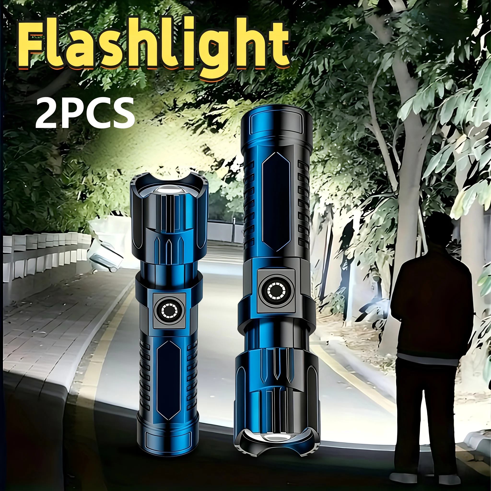 Tactical LED Flashlight 2000LM,USB Rechargeable Zoom Torch,Powerful Bright Portable Emergency Light for Camping Hiking Outdoor