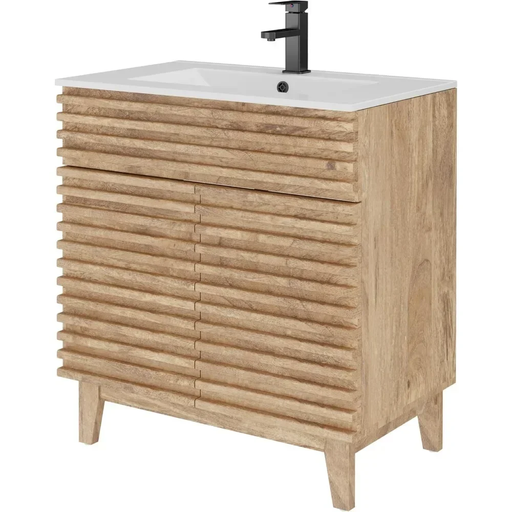 

30" Bathroom Vanity with Sink Combo, Mid-Century Storage Cabinet with Wood Stripes, Ceramic Sink and Water Saving Faucet