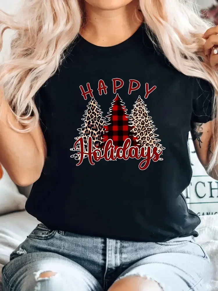 Women's Merry Christmas Tree Print T-Shirt Soft Cartoon Crew Neck Short Sleeve Holiday Casual T-Shirt Christmas Clothing