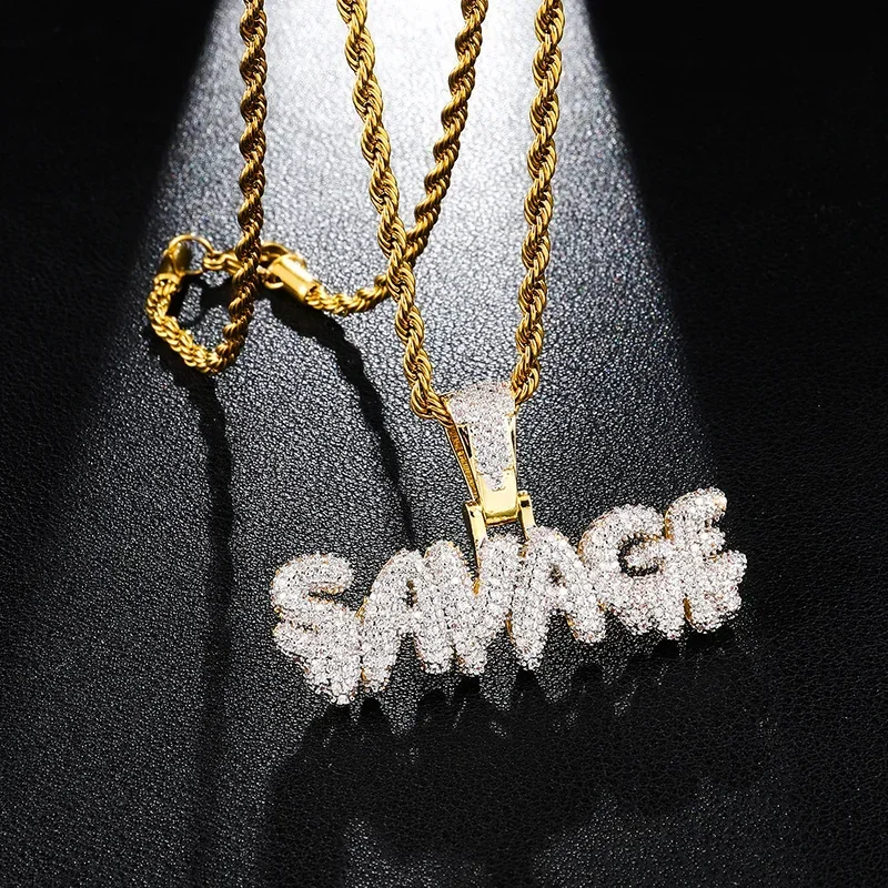 Bling Iced Out Savage Pendant Crystal Zirconia Letter Necklace for Men and Women Hip Hop Rock Rap Party Jewelry