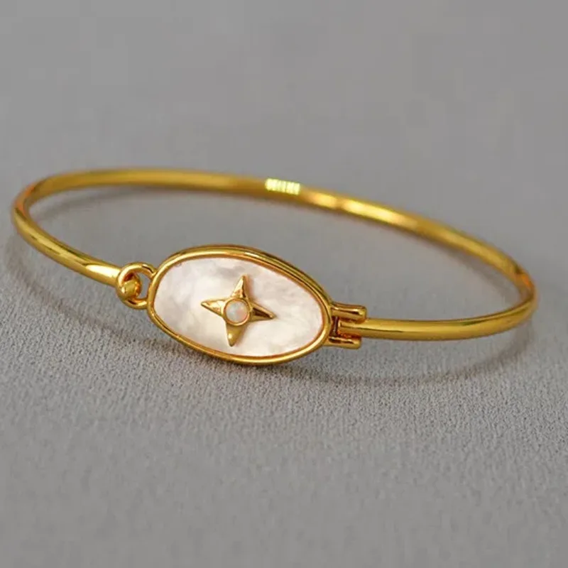 

White Bangle with Inlaid Rainbow Mother-of-Pearl and Opal Brass Plated with Gold Finish for Women