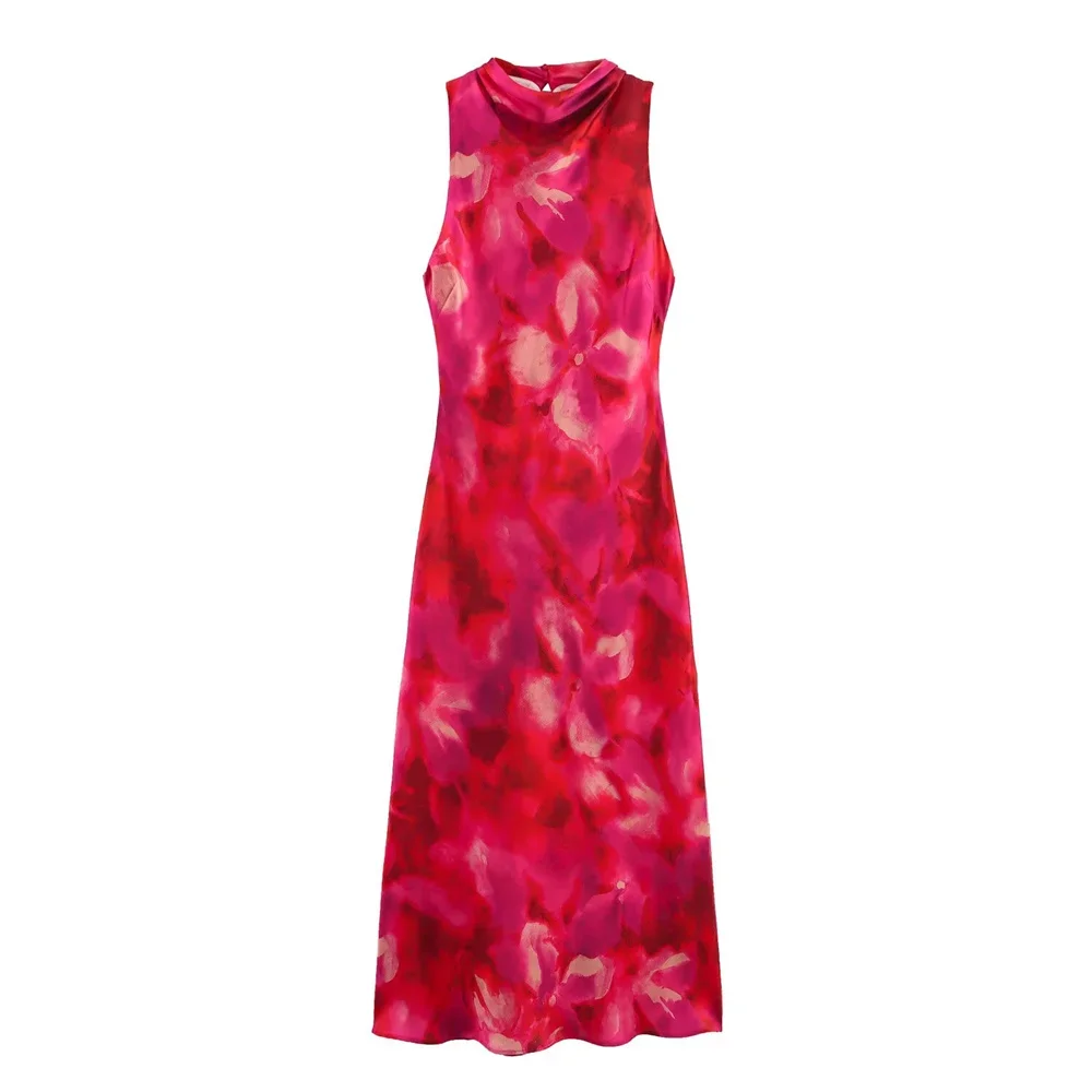 المرأة مطوي طوق الحرير الساتان الملمس المطبوعة MIDI تنورة الربيع والصيف منتج جديد سليم صالح فستان بلا أكمام #1