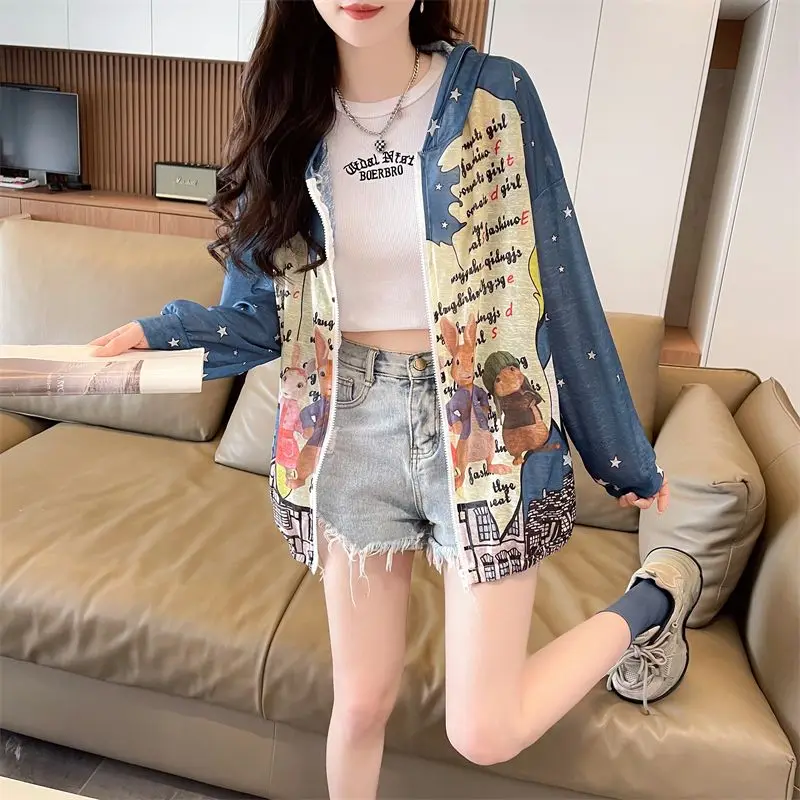 Sun Protection Jacket Rayon Summer Sun Protection Shirt Women UV-Protective Jacket Cardigan Hood Print Design Tops Long-Sleeve