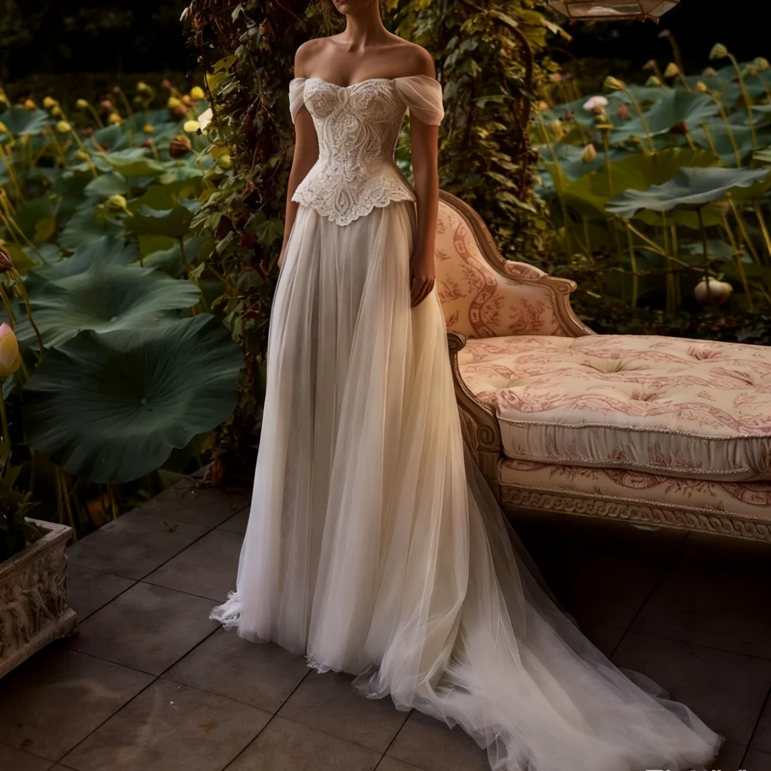 

Очаровательное платье принцессы невесты с пышными рукавами и скользящим шлейфом в стиле бохо, белое свадебное платье из тюля 2025 по индивидуальному заказу