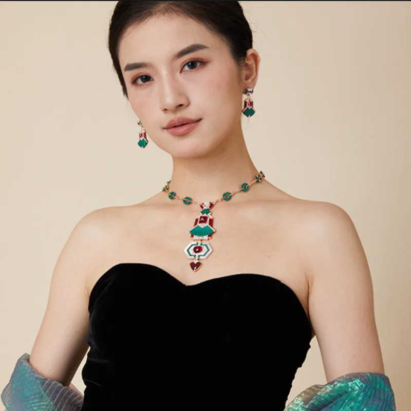 Custom Designer Collection Ring Earrings Bracelet Necklace Inlay Cubic Zircon Malachite Mother Of Pearl Dinner Party Jewelry Set view 2