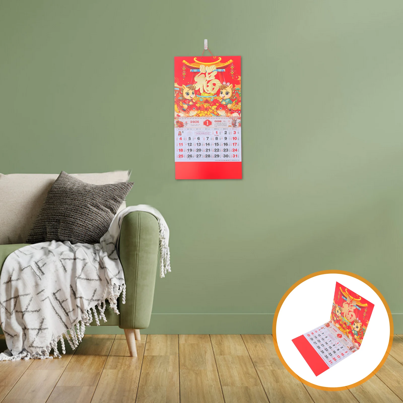 

2026 Hanging Calendar Traditional Chinese Horse Year Lunar Calendar Clear Layout Multi-Country Holidays Family Office Wall Decor