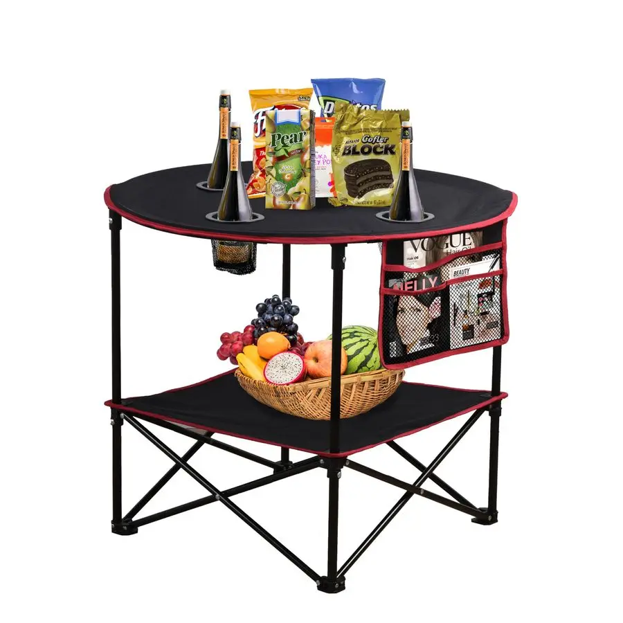 

Складной походный стол для пикника с 4 подстаканниками и боковой сумкой для хранения, портативный, из холщовой ткани, с ручкой для переноски