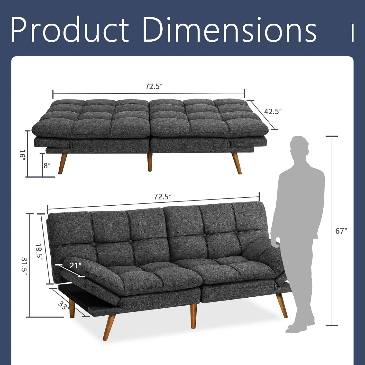 Iululu Futon Slaapbank, Moderne Converteerbare Slaapbank Ligbed Met Verstelbare Armleuningen Voor Studio, Appartement, Kantoor, Klein