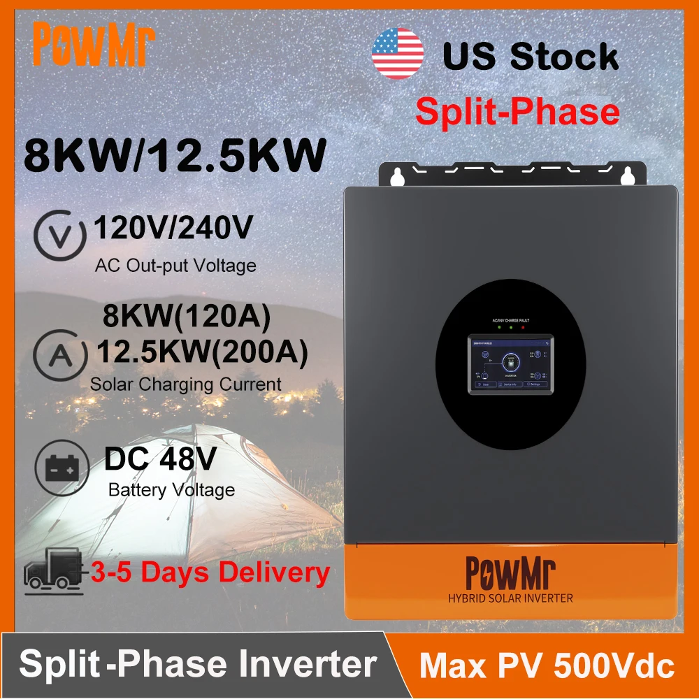 PowMr Split-Phase Solar Inverter 8KW 12.5KW DC 48V to 120V 240V AC MPPT Solar Charger Pure Sine Wave Off-Grid Home Inversor Fit Lithium Batteria