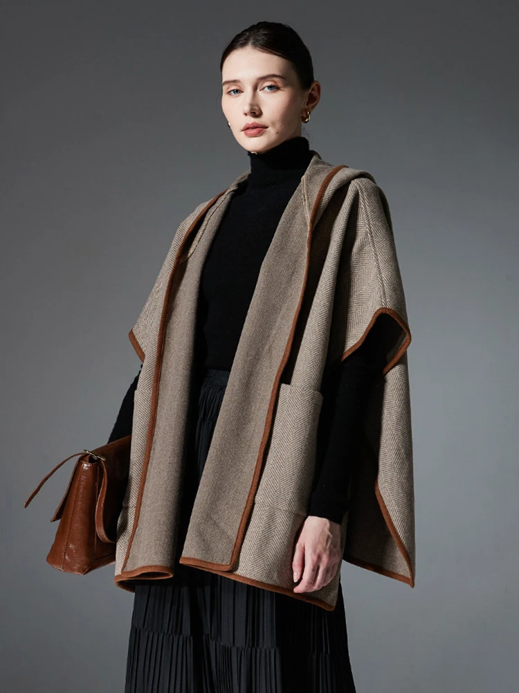 Осень-зима, женское многослойное пончо, элегантные полосатые кардиганы с капюшоном, шаль с запахом, шарф, свободный плащ, пальто, модное новое