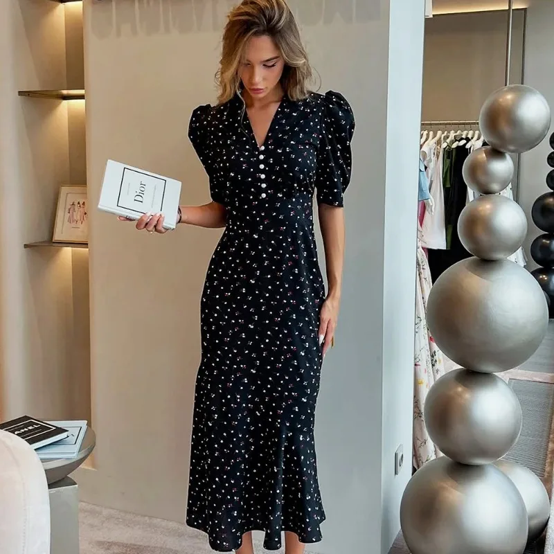 

Tuularose Elegant Printed Long Dress Black V Neck Bubble Sleeve Summer Party Dresses Luxury Contrast Vintage Women Evening Dress