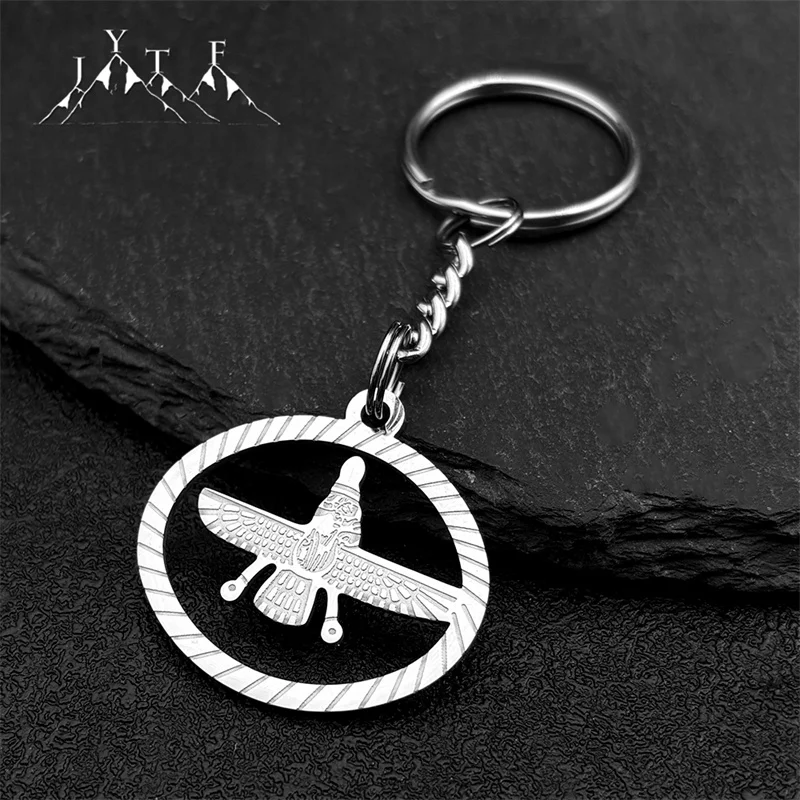 Iranian Cuture Mazda Religion Key Rings for Women Men Stainless Steel Silver Color Zoroastrianism Key Chain Jewelry