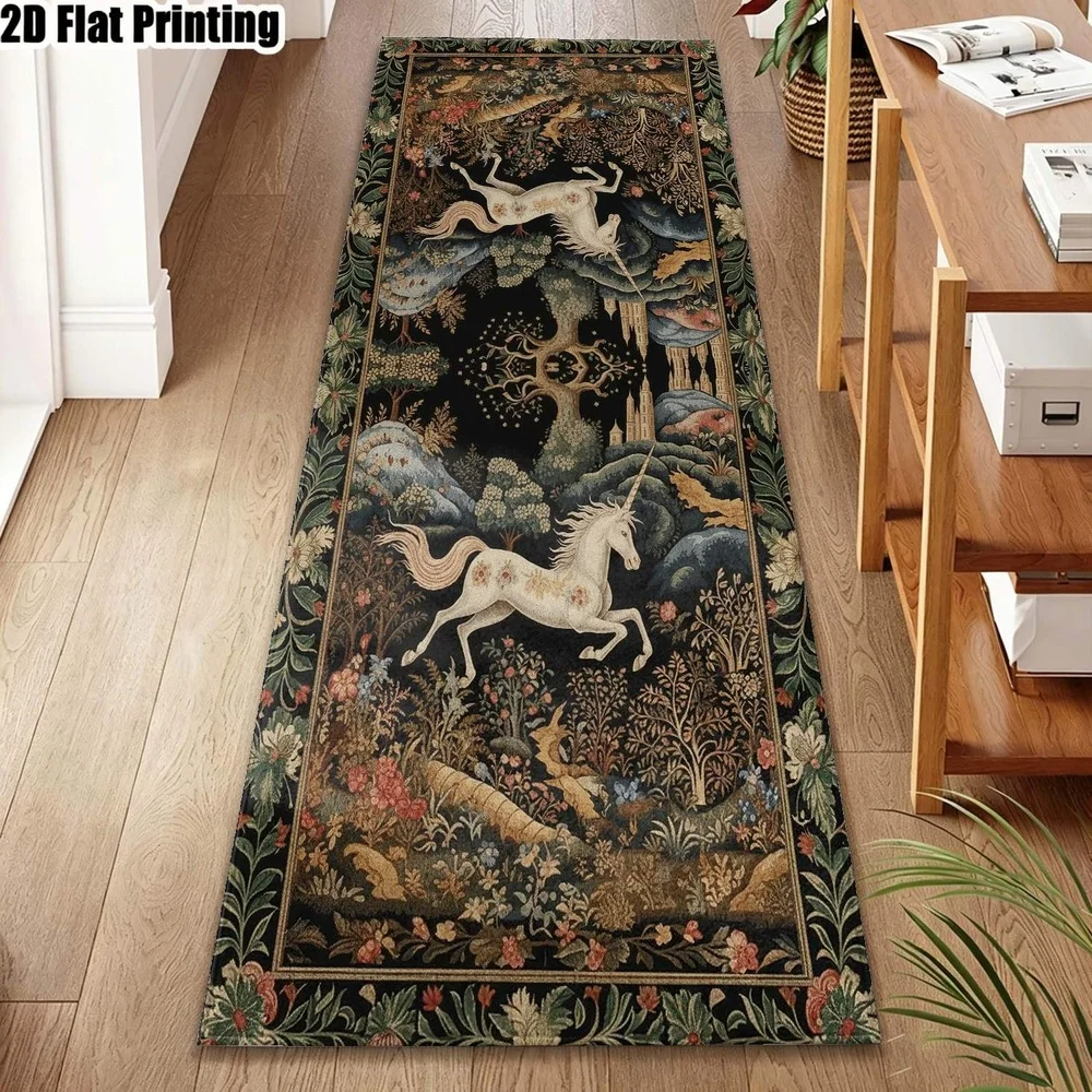1Pc European Retro Unicorn Forest Pattern Printed Long Carpet, Retro Corridor Carpet, Suitable for Kitchen, Bedroom, Foyer, Balcony, Entrance, Bedside, European Classical Atmosphere Home Soft Decoration