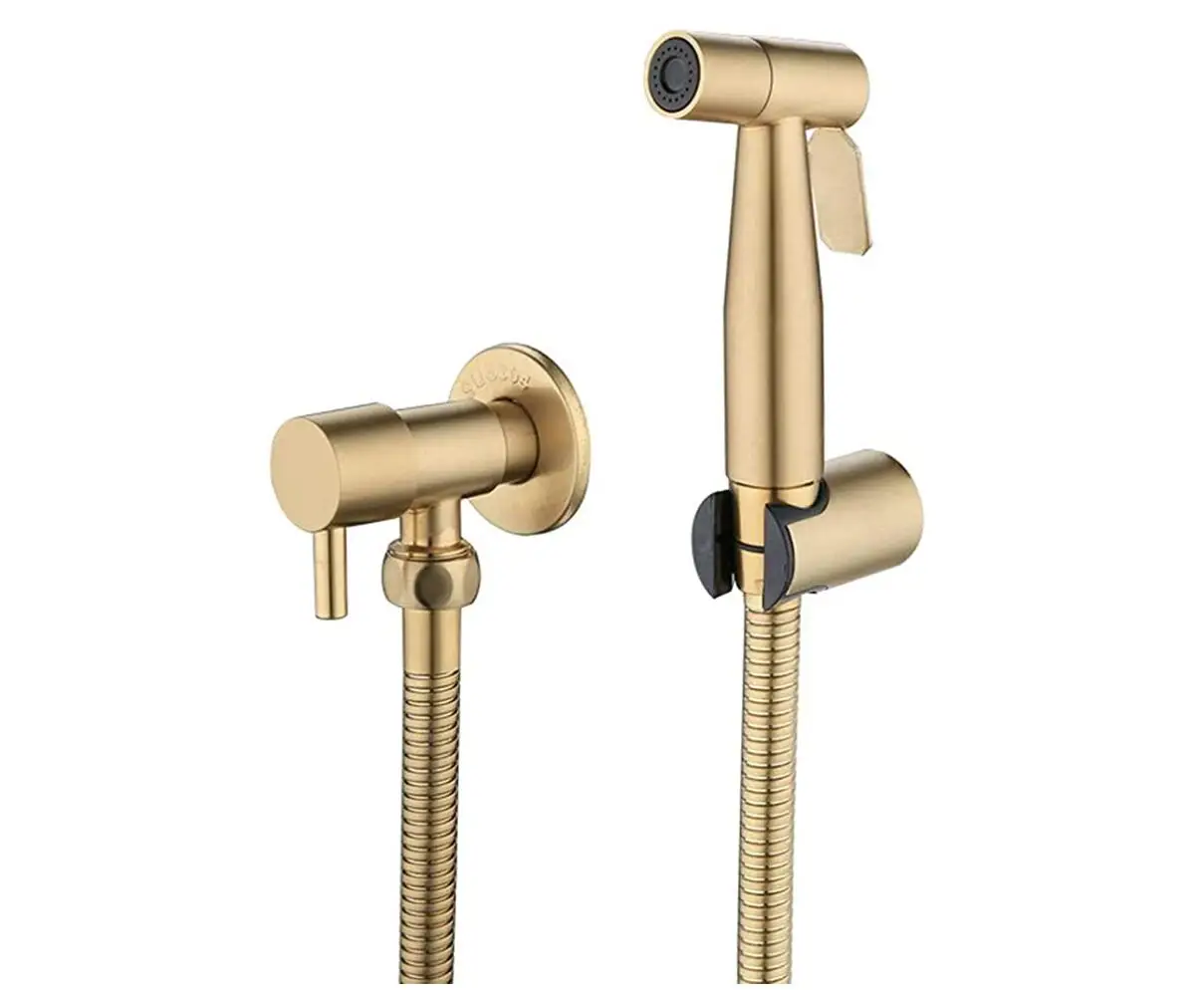 

Brushed Gold Douche Kit Hand Held Bidet Sprayer Stainless Steel Toilet Bidet Faucet Valve
