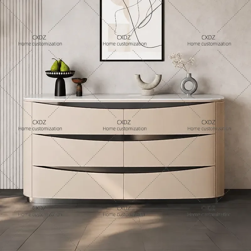 Minimalist Six Drawer Cabinet Modern Sideboard for Living Room Porch Storage Saddle Leather Bedroom Dresser Console Table