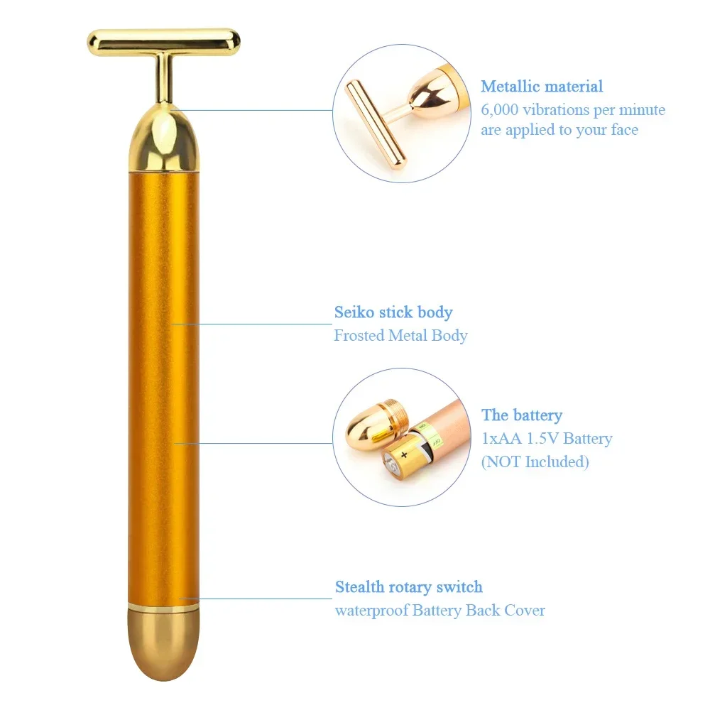しわのないマッサージスティック,24k,ゴールド,フェイスリフト,ローラー,振動,フェイシャルビューティー,スキンケア,振動ツール,バー,1個